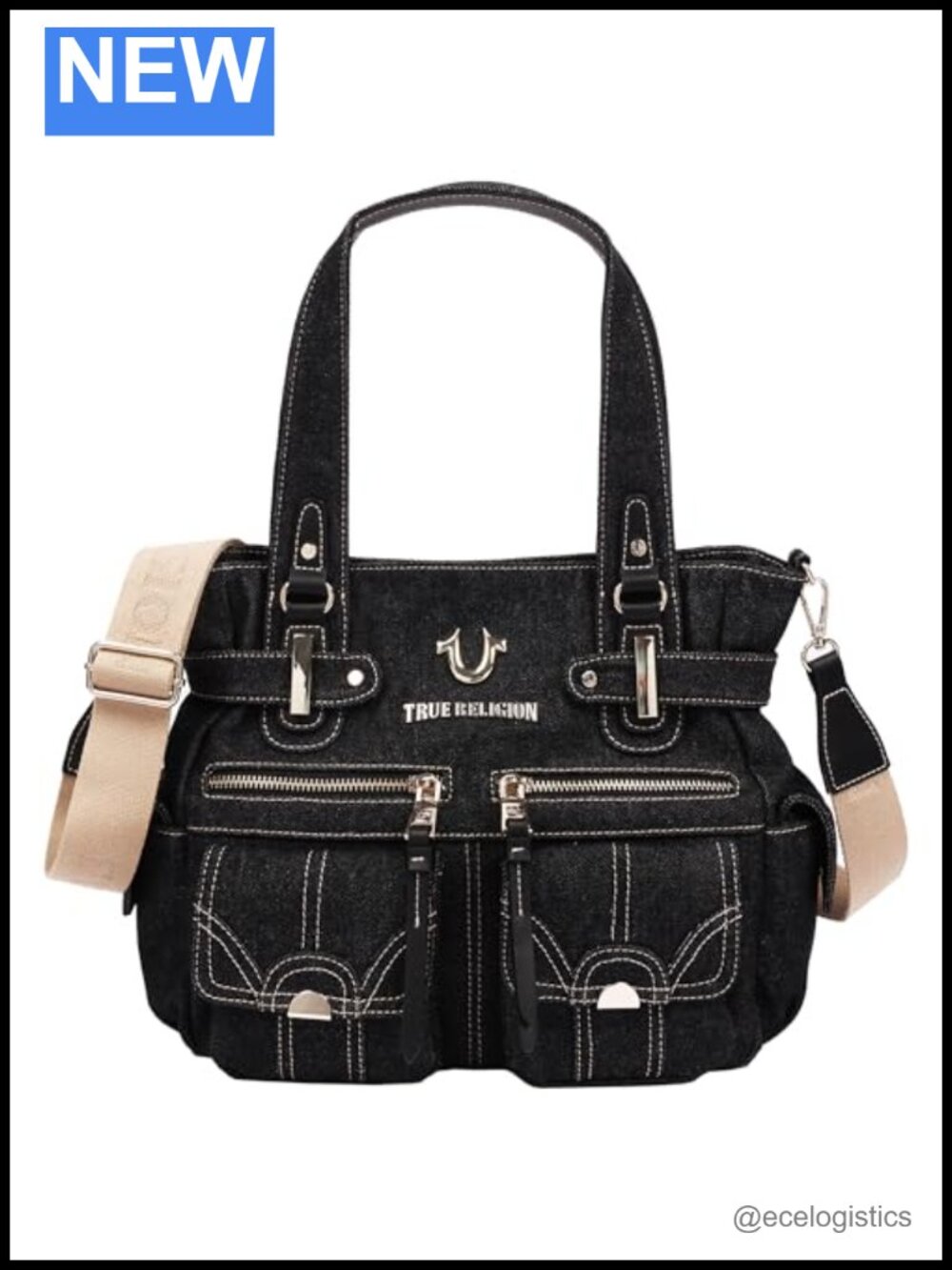 True Religion Multi Pocket Denim Cinch Tote - Cotton-Poly Structured Denim,